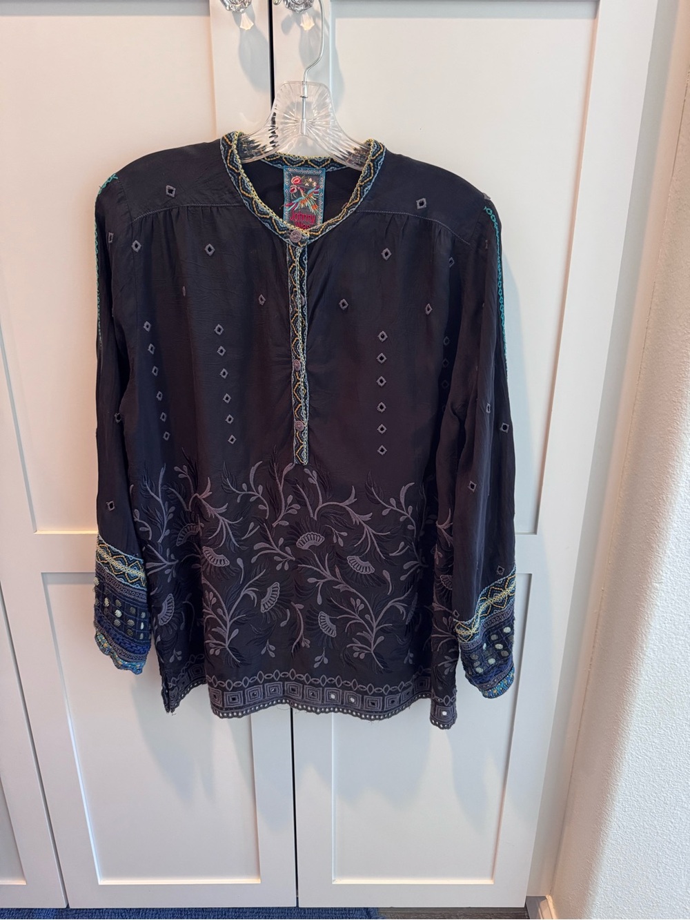 Johnny Was Black Embroidered Floral Button-Down Shirt